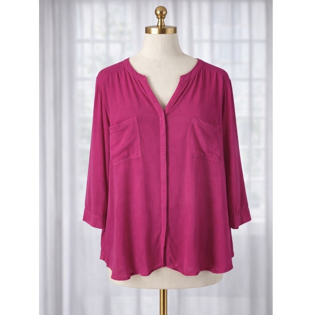 Chico's Office Blouse Top Size 3 Xl Pink Flowy Button Up Long Sleeve Relaxed Fit